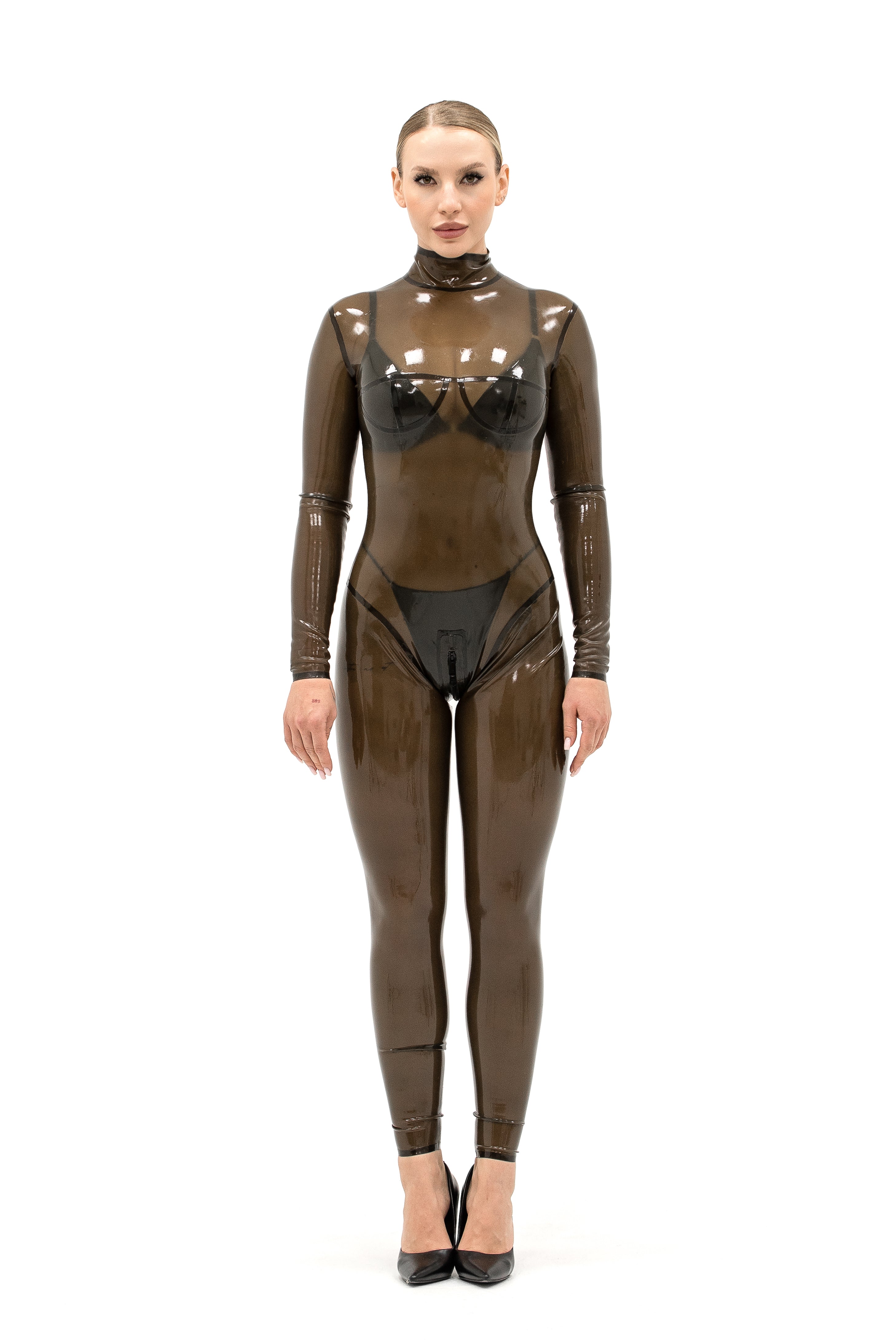 Full Body Latex Catsuit. Semi-transparent Black