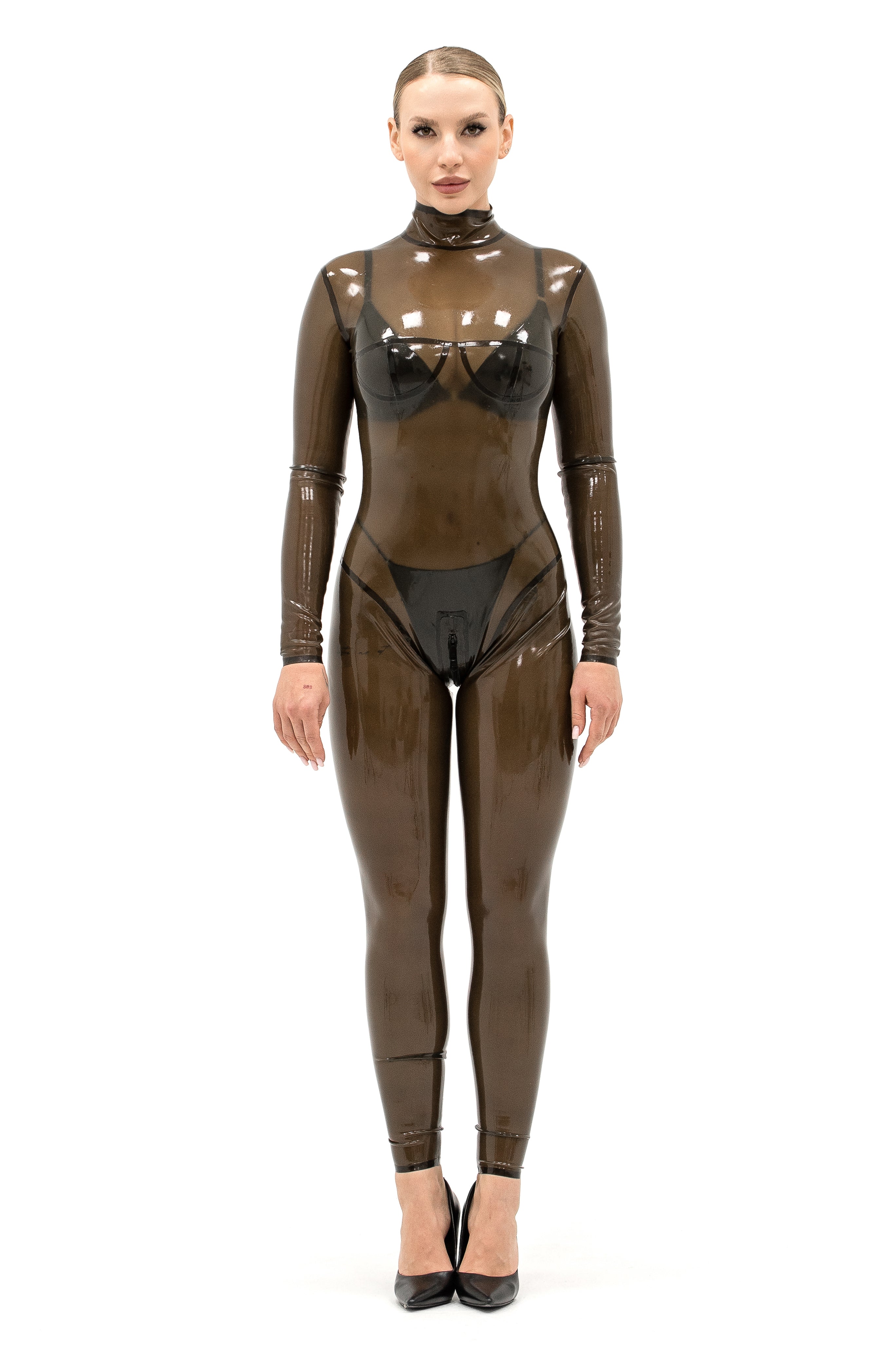 Full Body Latex Catsuit. Semi-transparent Black