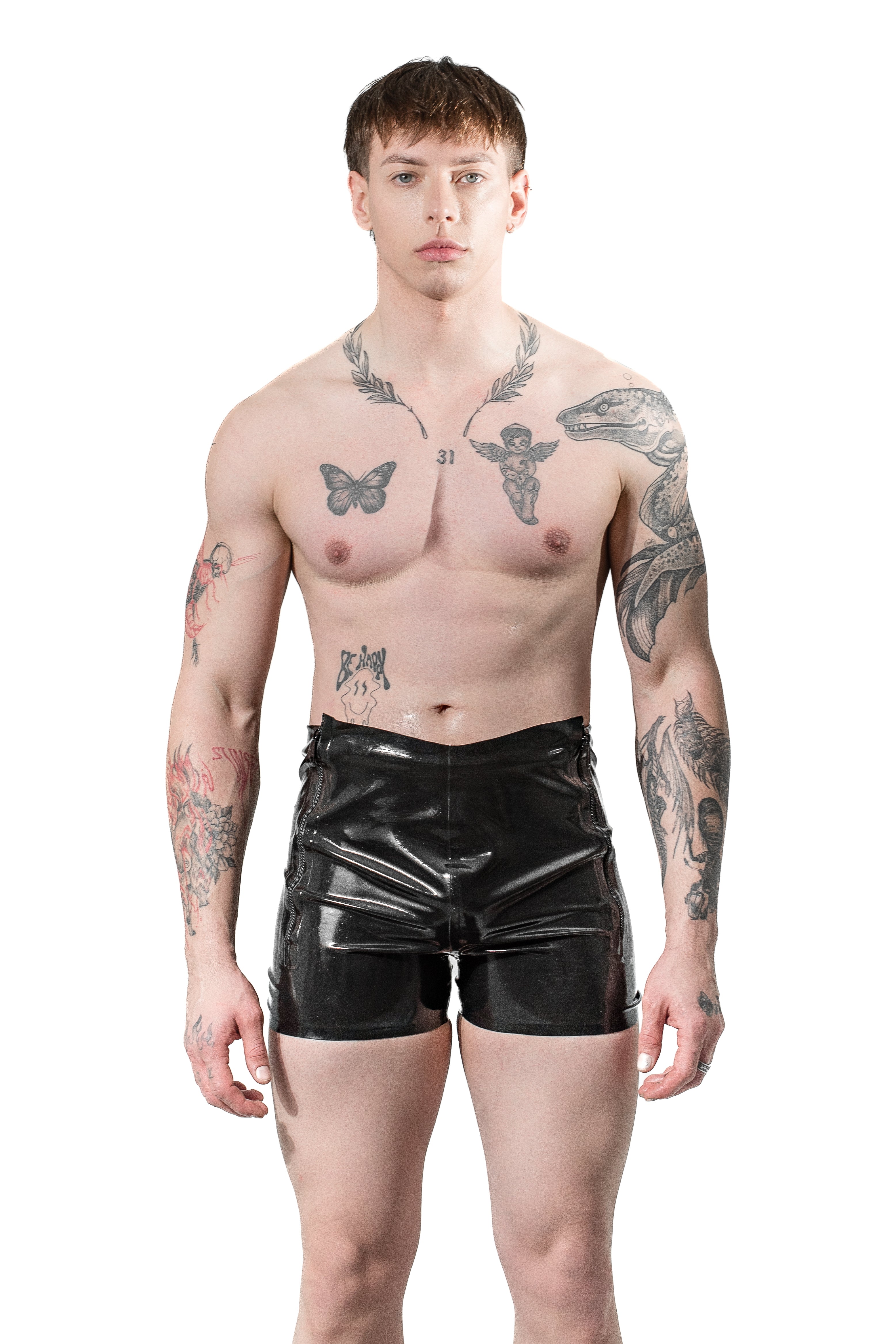 Latex men's shorts with dual front side zippers