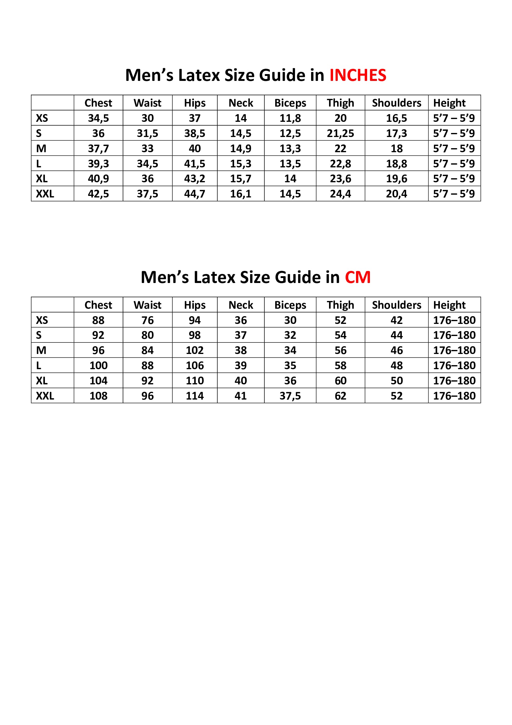 Mens latex size guide
