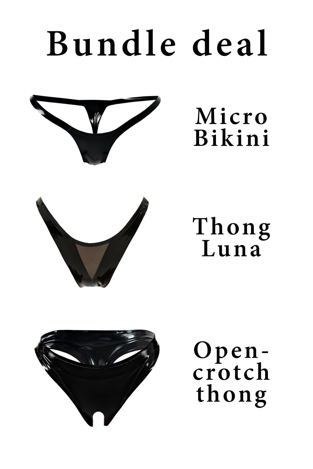 3 Pieces Of Latex Panties - Open-crotch thong, Luna Thong, Micro Bikini