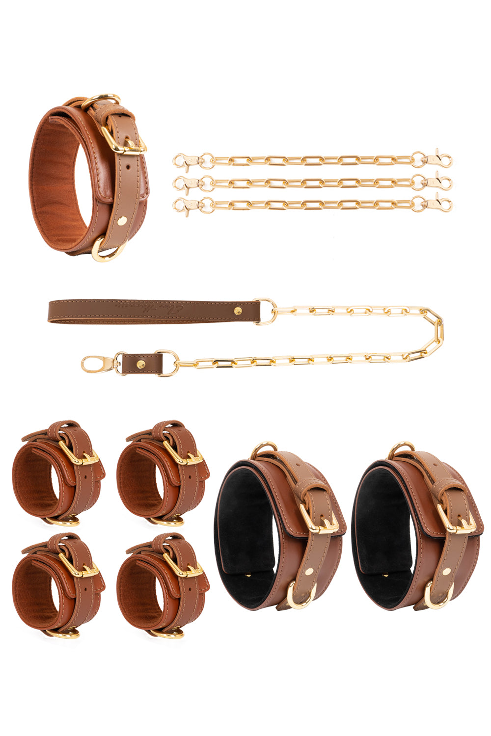 Leather set 4 in 1 with large links chain leash and connectors. 10 colors