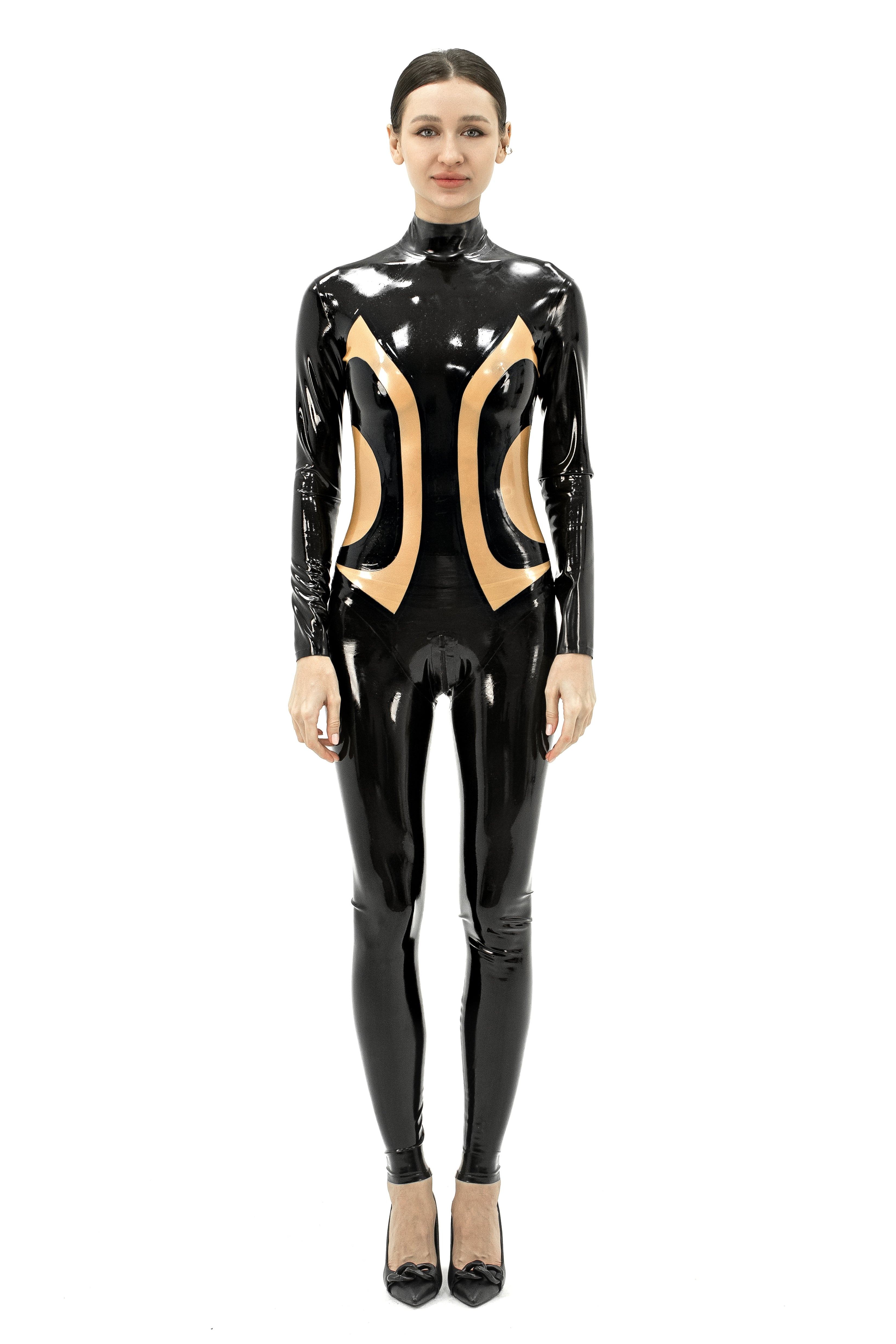 Black latex catsuit with back cutout