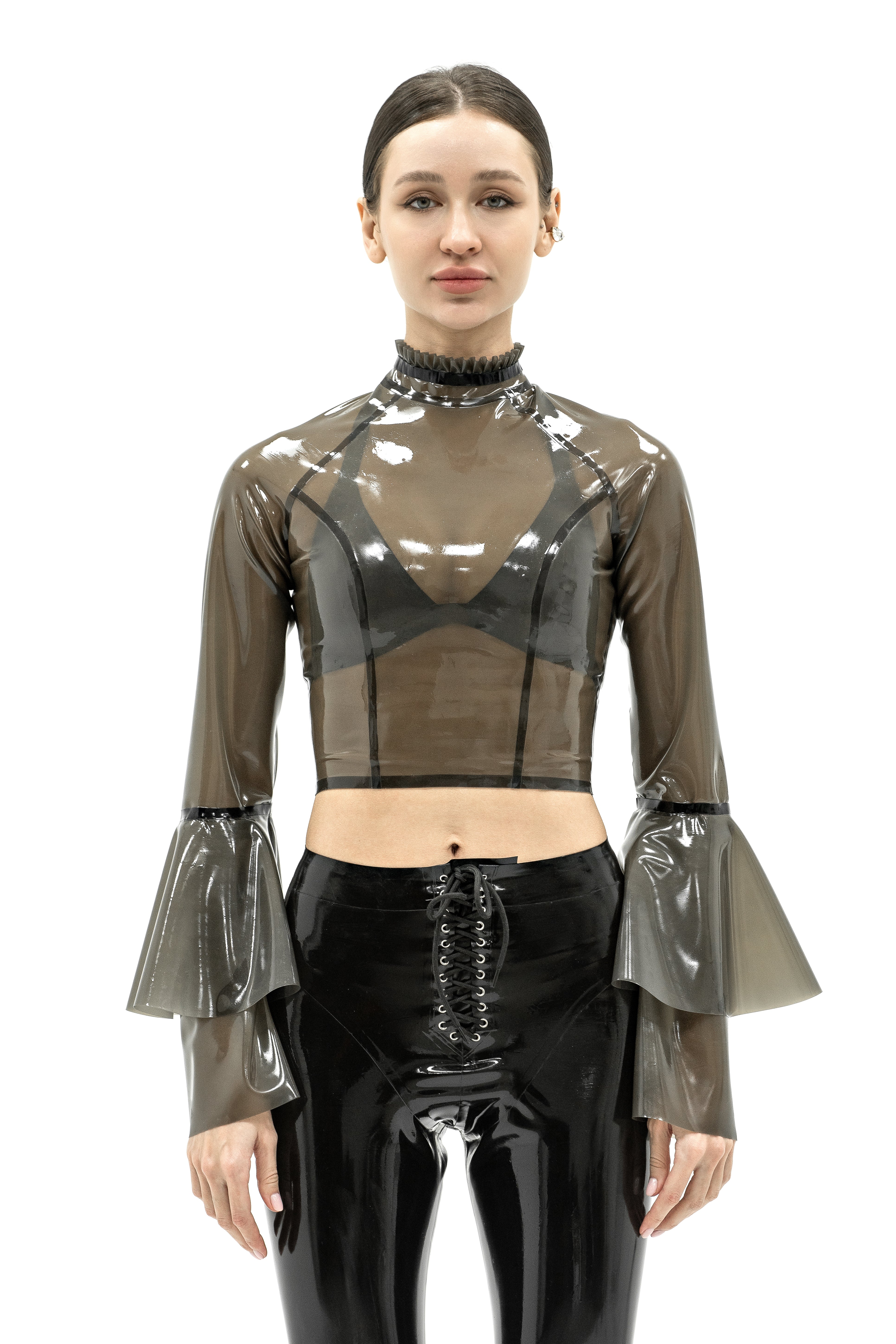 Latex top with ruffled sleeves in semi-transparent black color