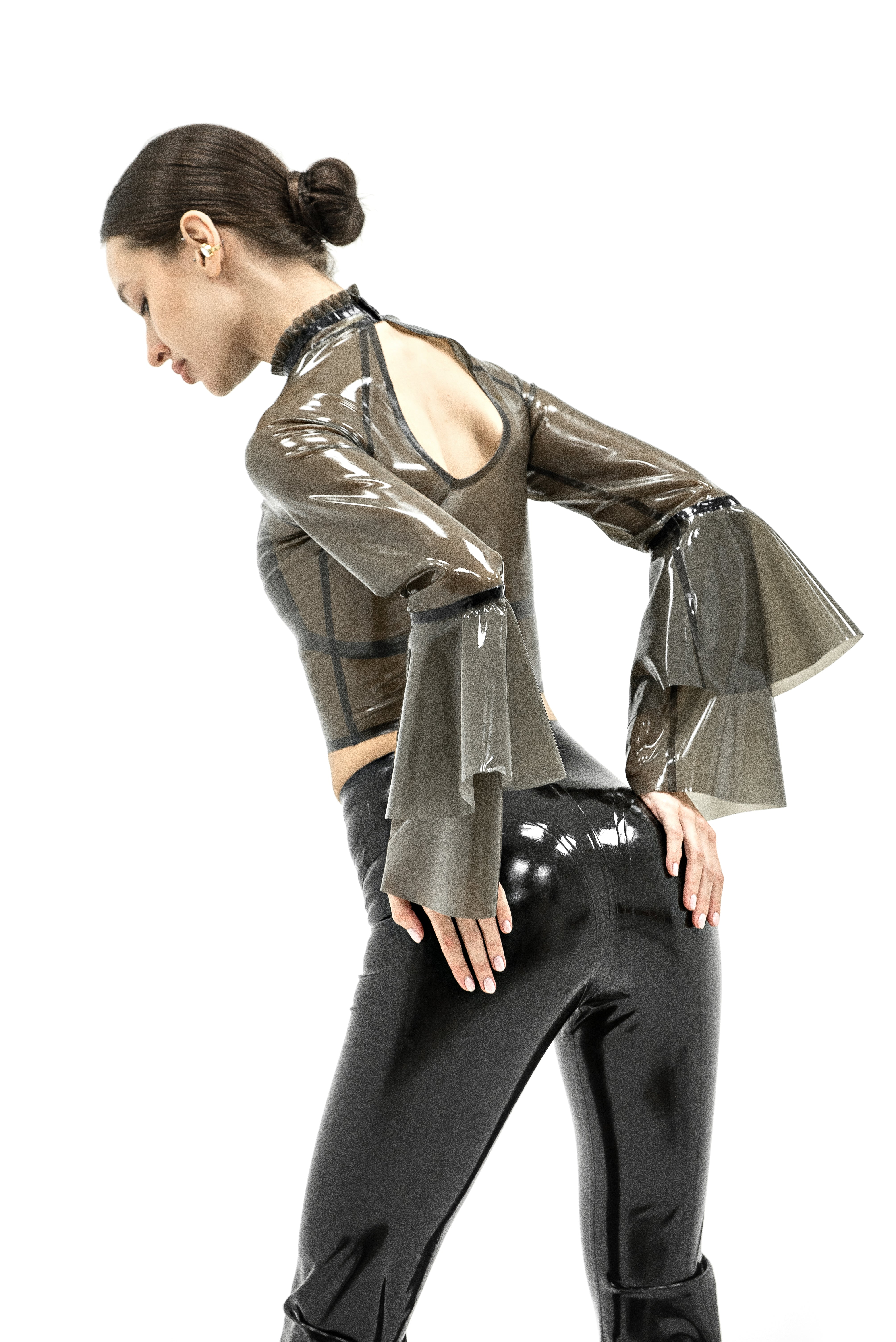 Latex top with ruffled sleeves in semi-transparent black color