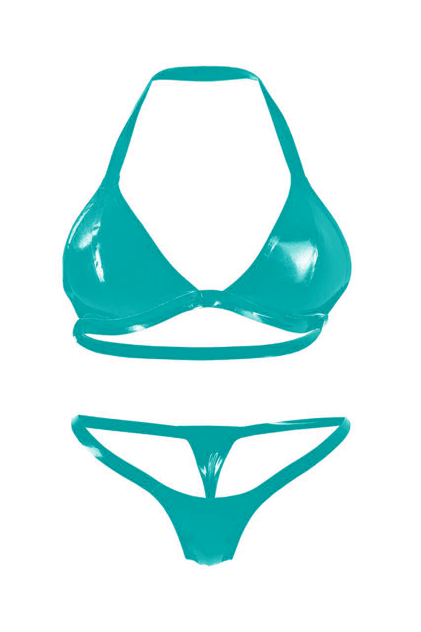 Latex Lingerie, Latex bra + micro bikini. Turquoise