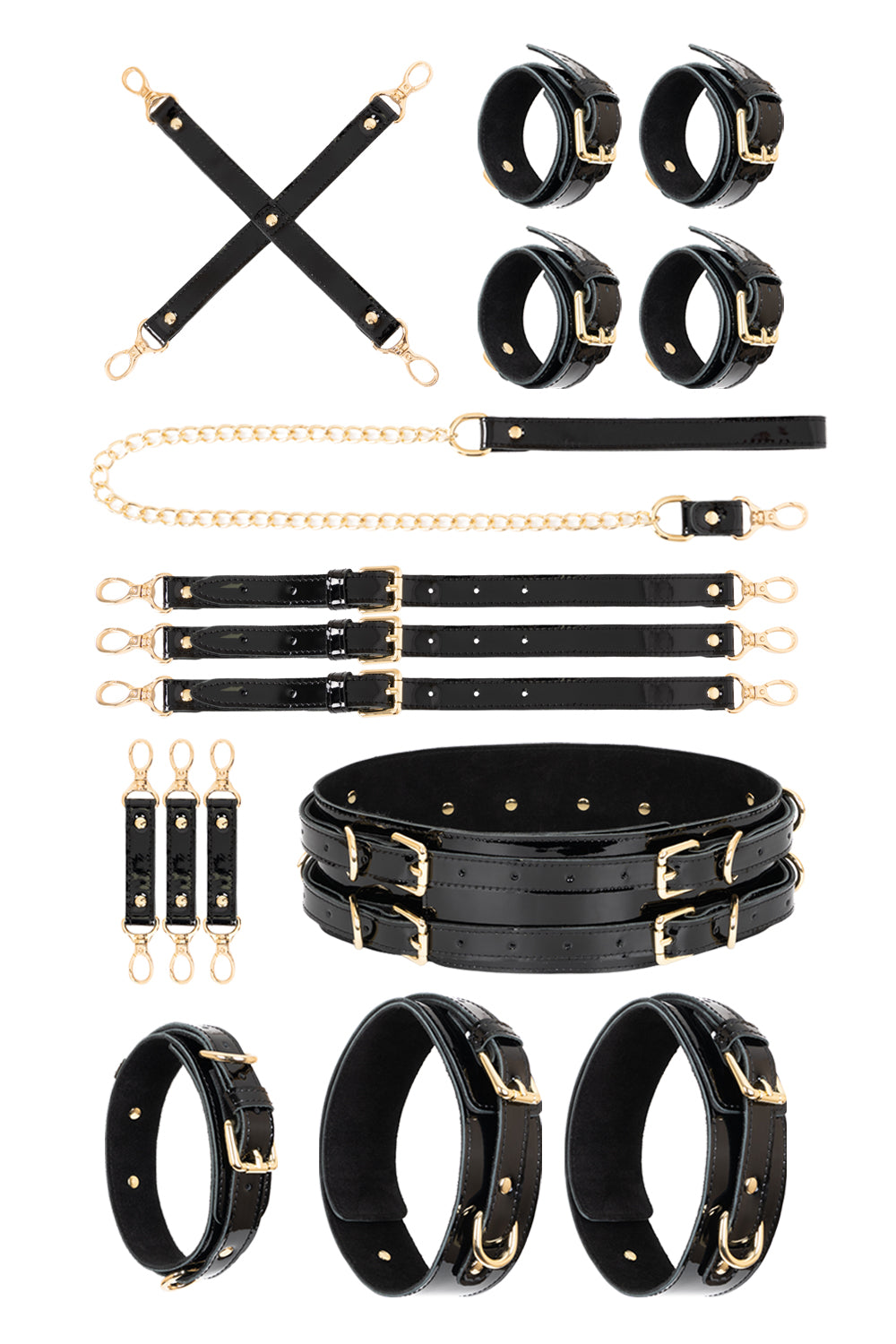 Lacquered leather FULL Set with chain leash. Black