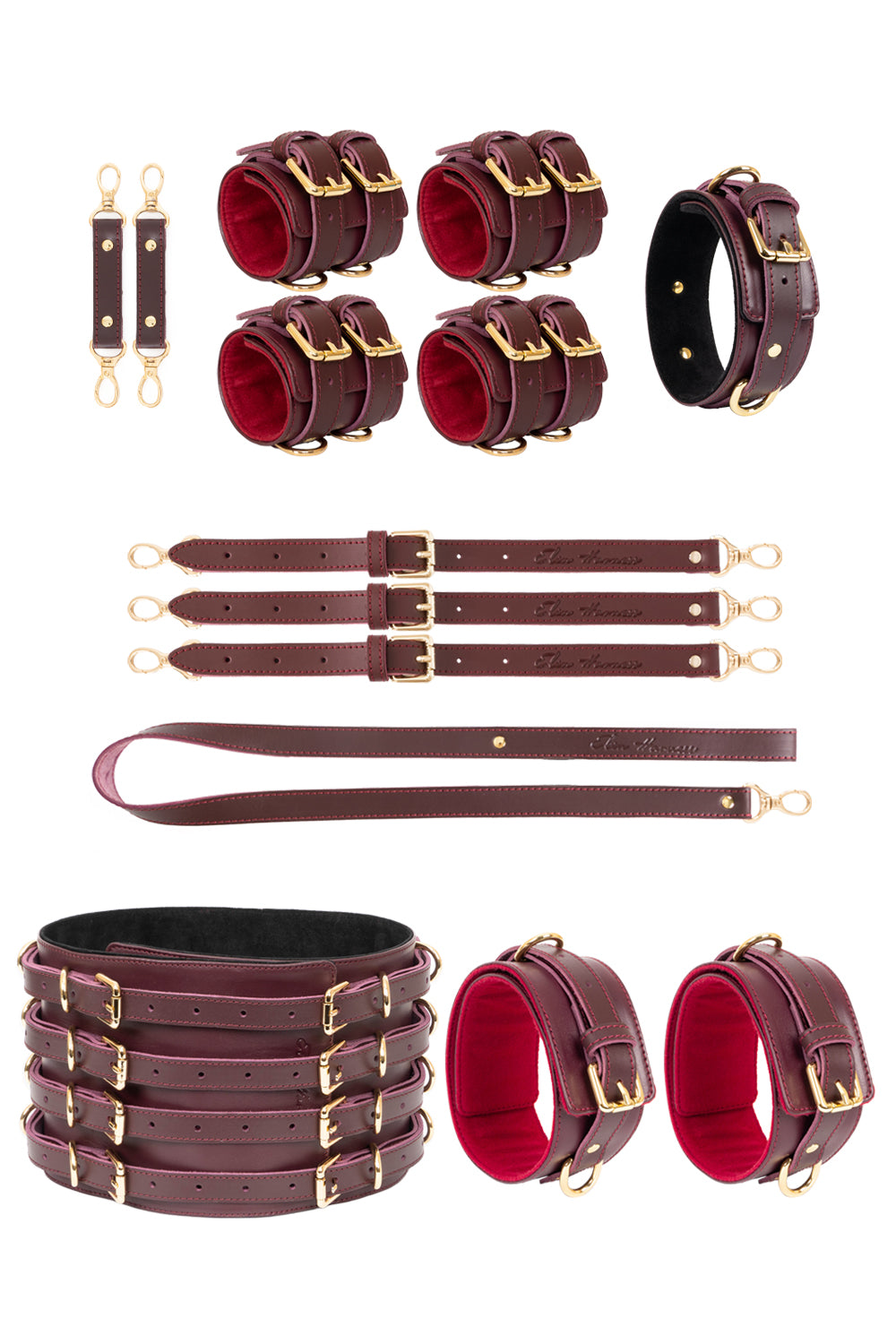 Burgundy Luxury Full Leather Set with Wide Belt and Cuffs