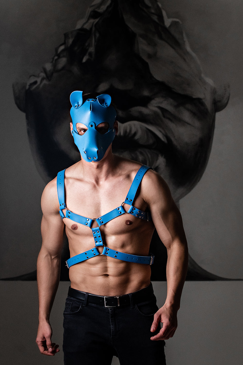 Long Chest Harness Genuine Leather. Blue