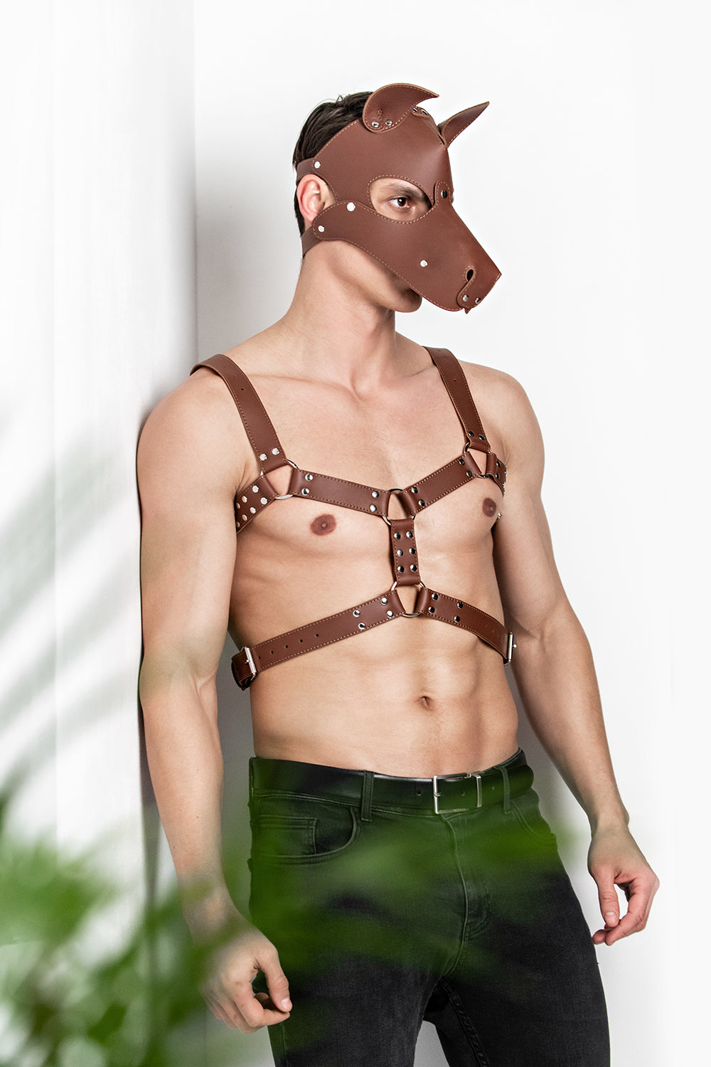 Long Chest Harness Genuine Leather. Pink
