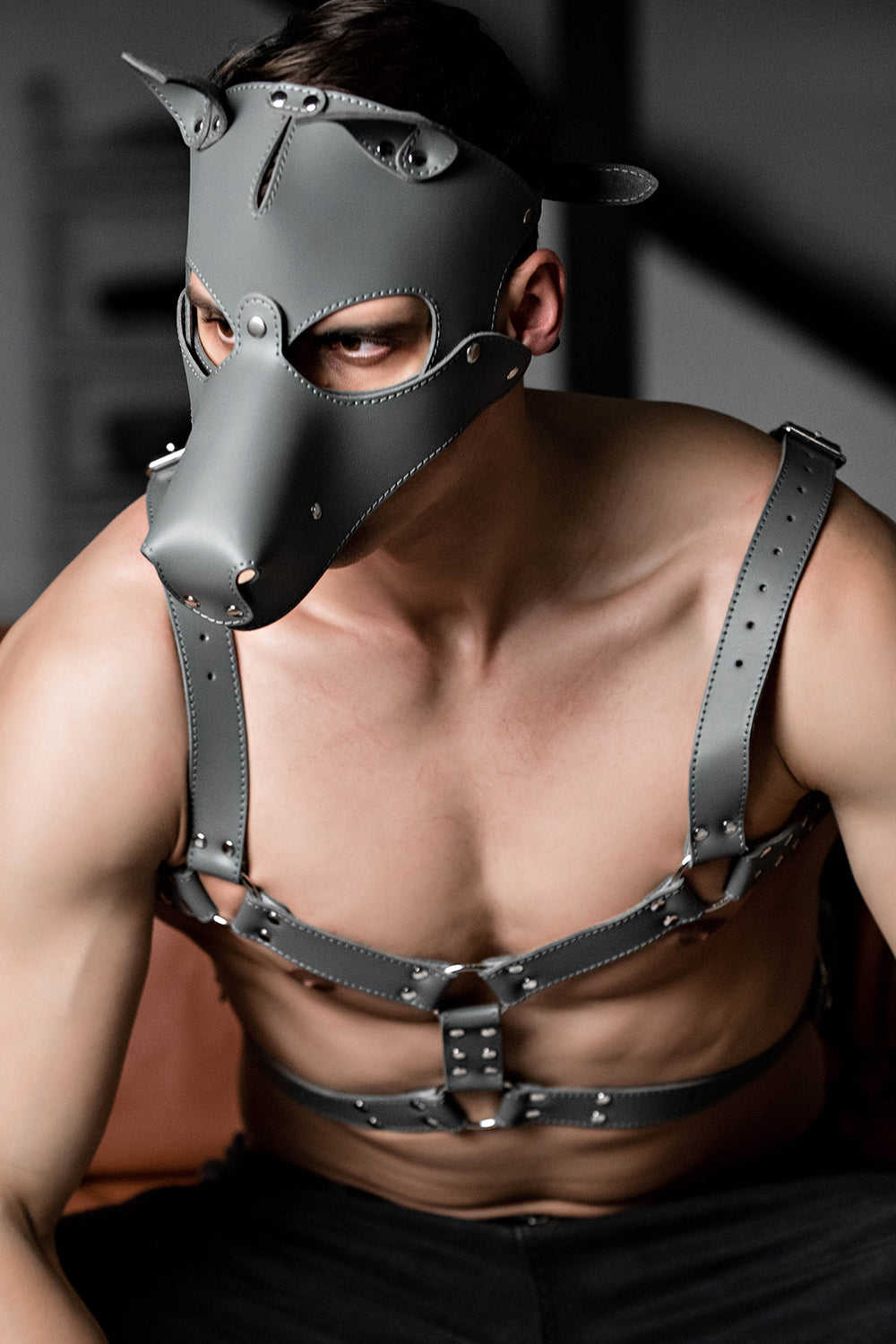 Long Chest Harness Genuine Leather. Black