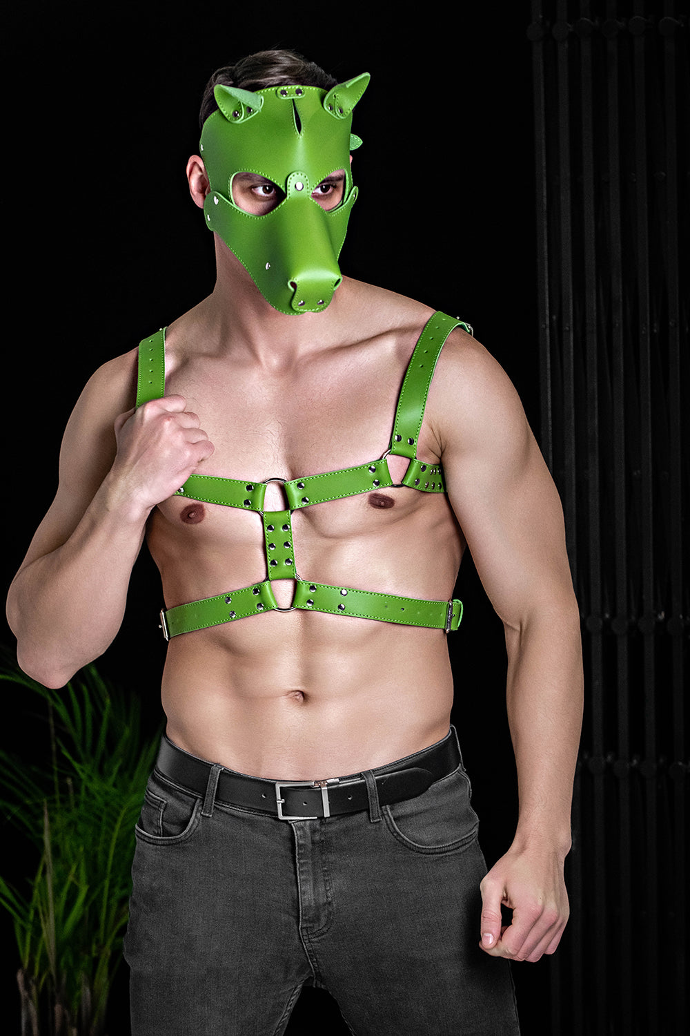 Long Chest Harness Genuine Leather. Green