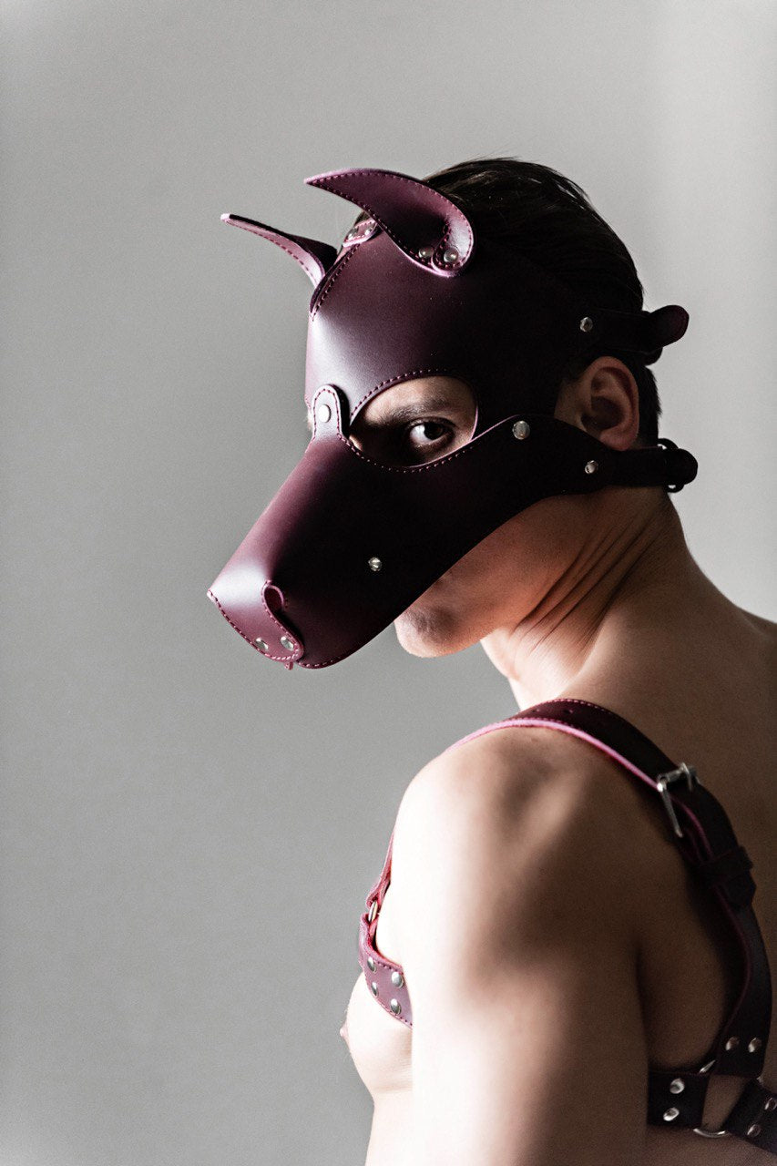 Dog mask with detachable muzzle. Burgundy