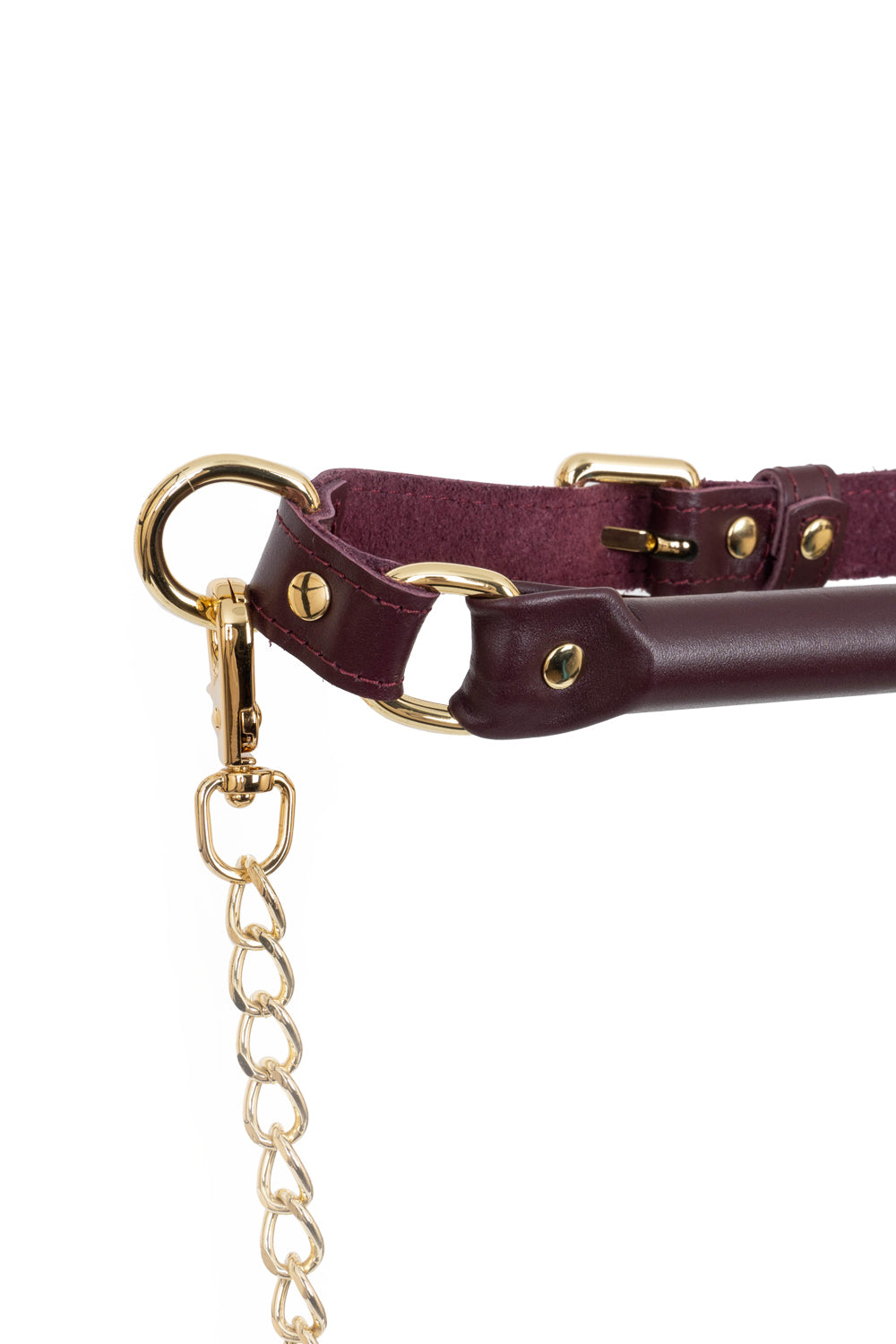 Genuine Leather Bridle Gag with removable chain leash. Burgundy