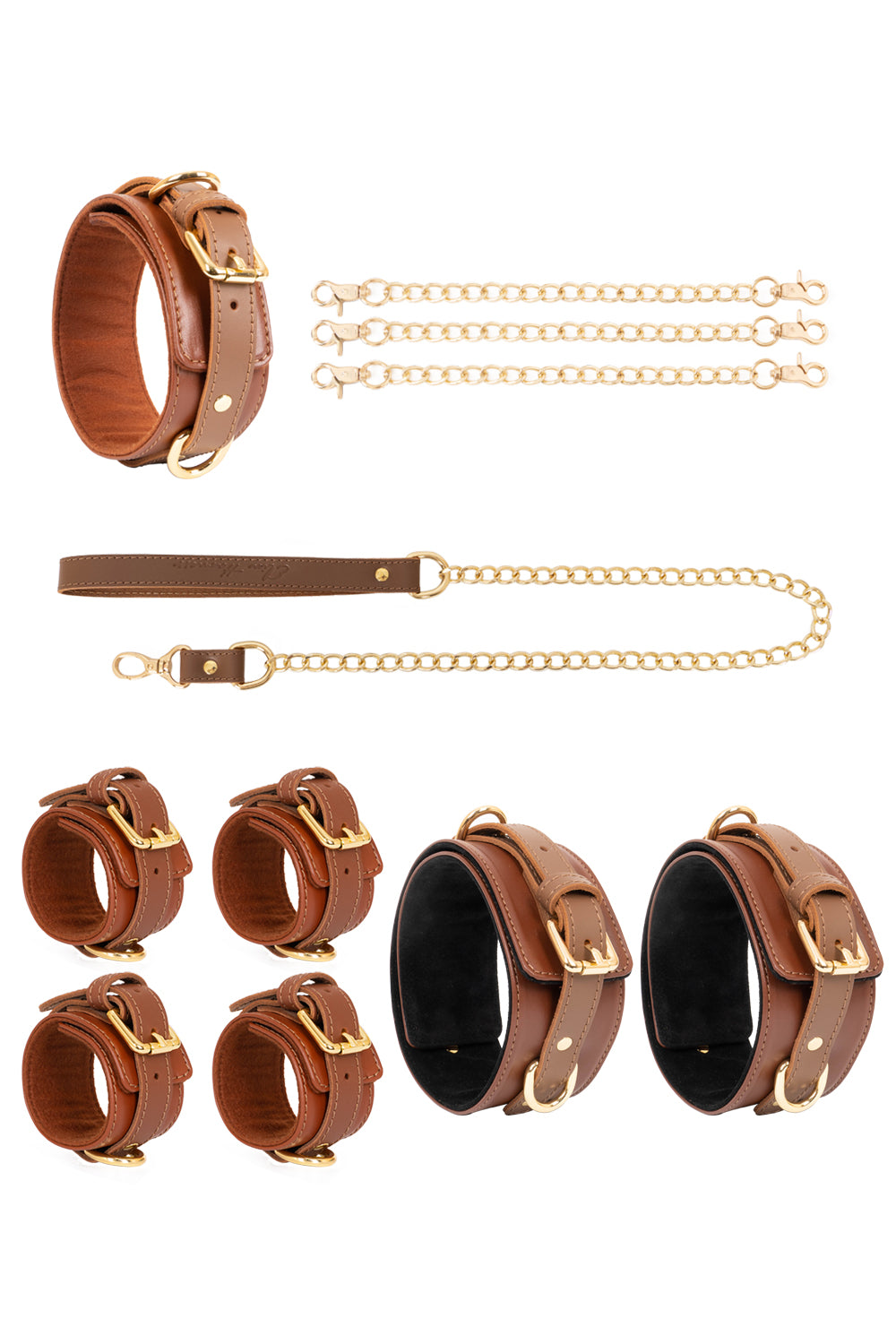 Leather set 4 in 1 with chain leash and connectors. 10 colors