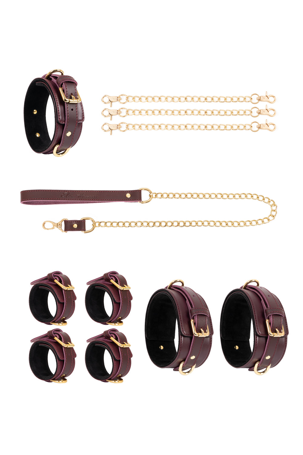 Leather set 4 in 1 with chain leash. 10 colors