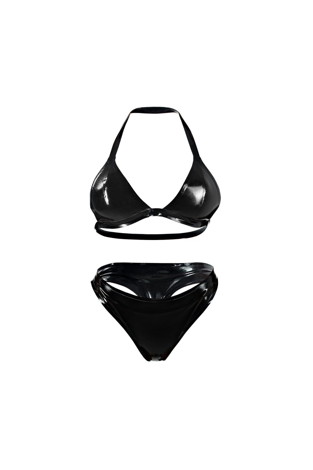 Two-pieces set of latex lingerie, latex bra, latex panties. Black