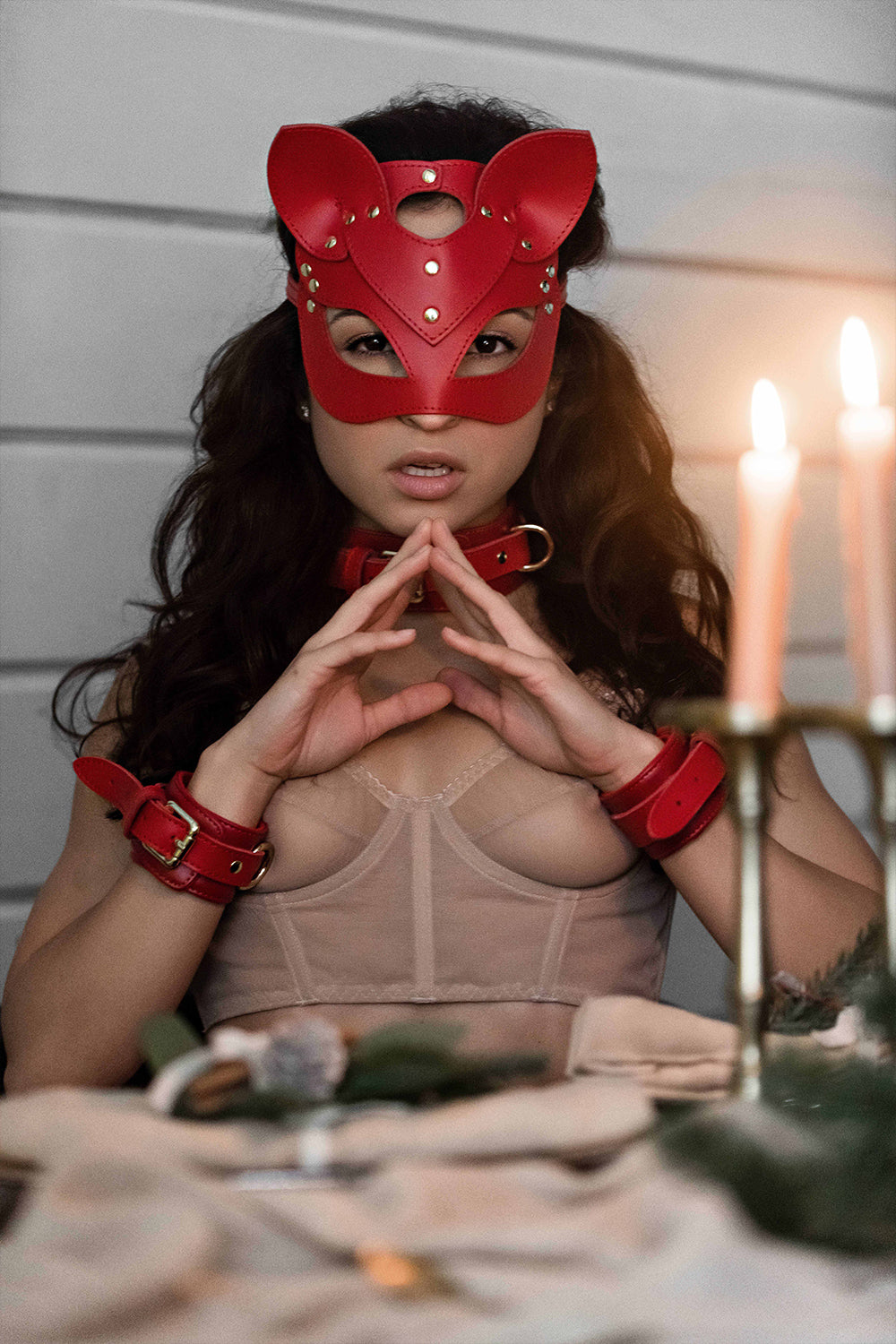 Leather сat mask, kitty fetish mask. Red
