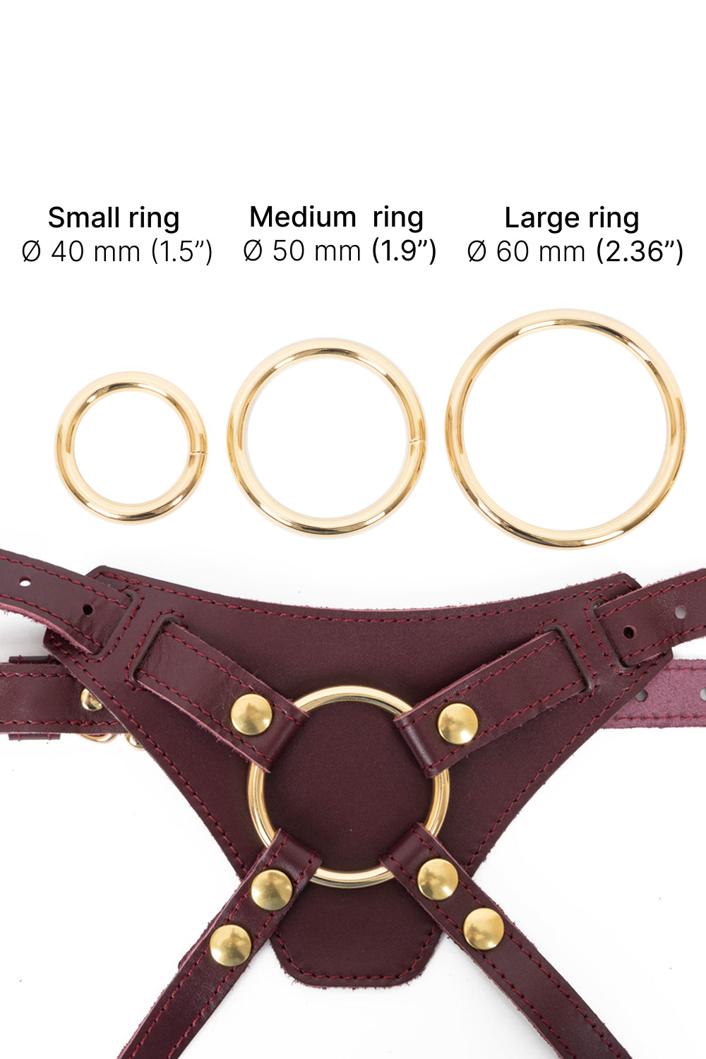 Leather panties crotchless with 3 strap-on O-rings. Burgundy